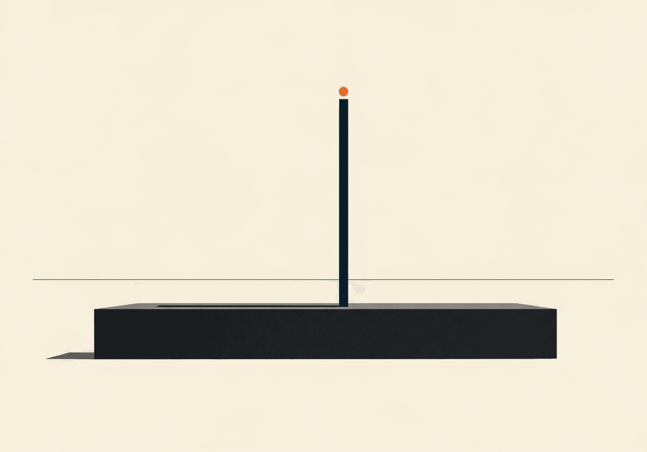 Abstract figure — a slender form rising from an anchored foundation: sovereign ground, held
